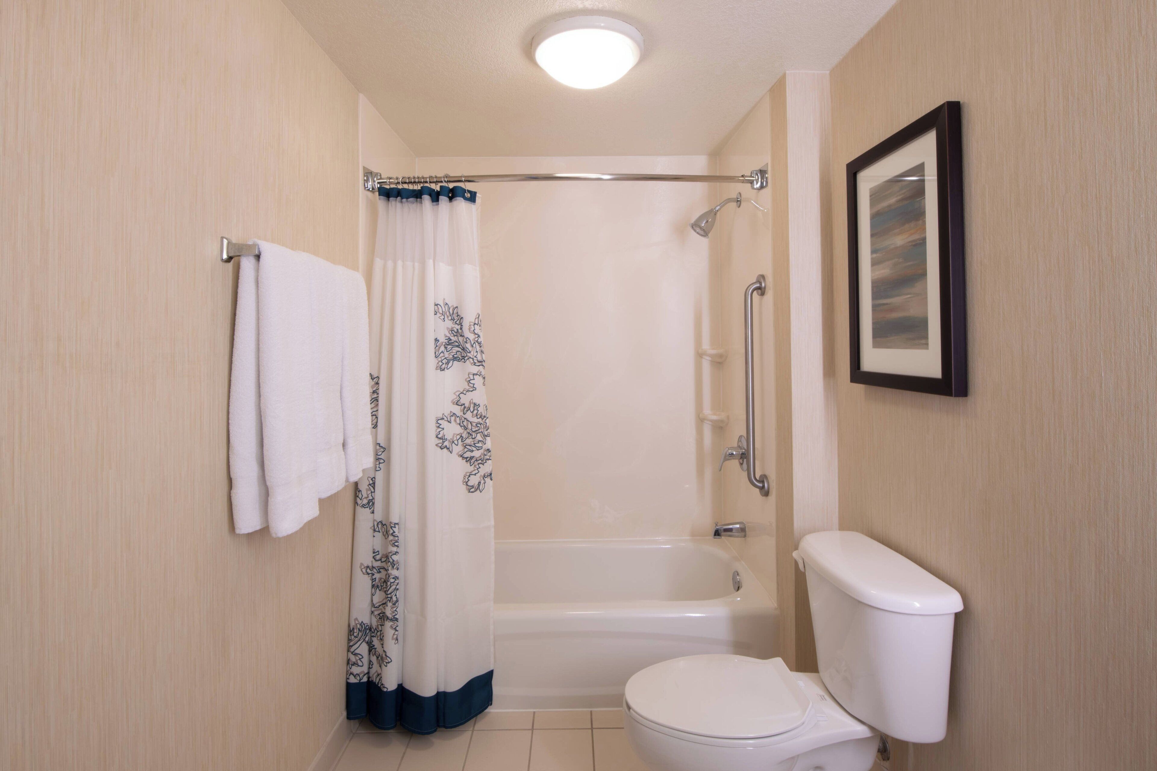 combined shower/bathtub, free toiletries, hair dryer, towels