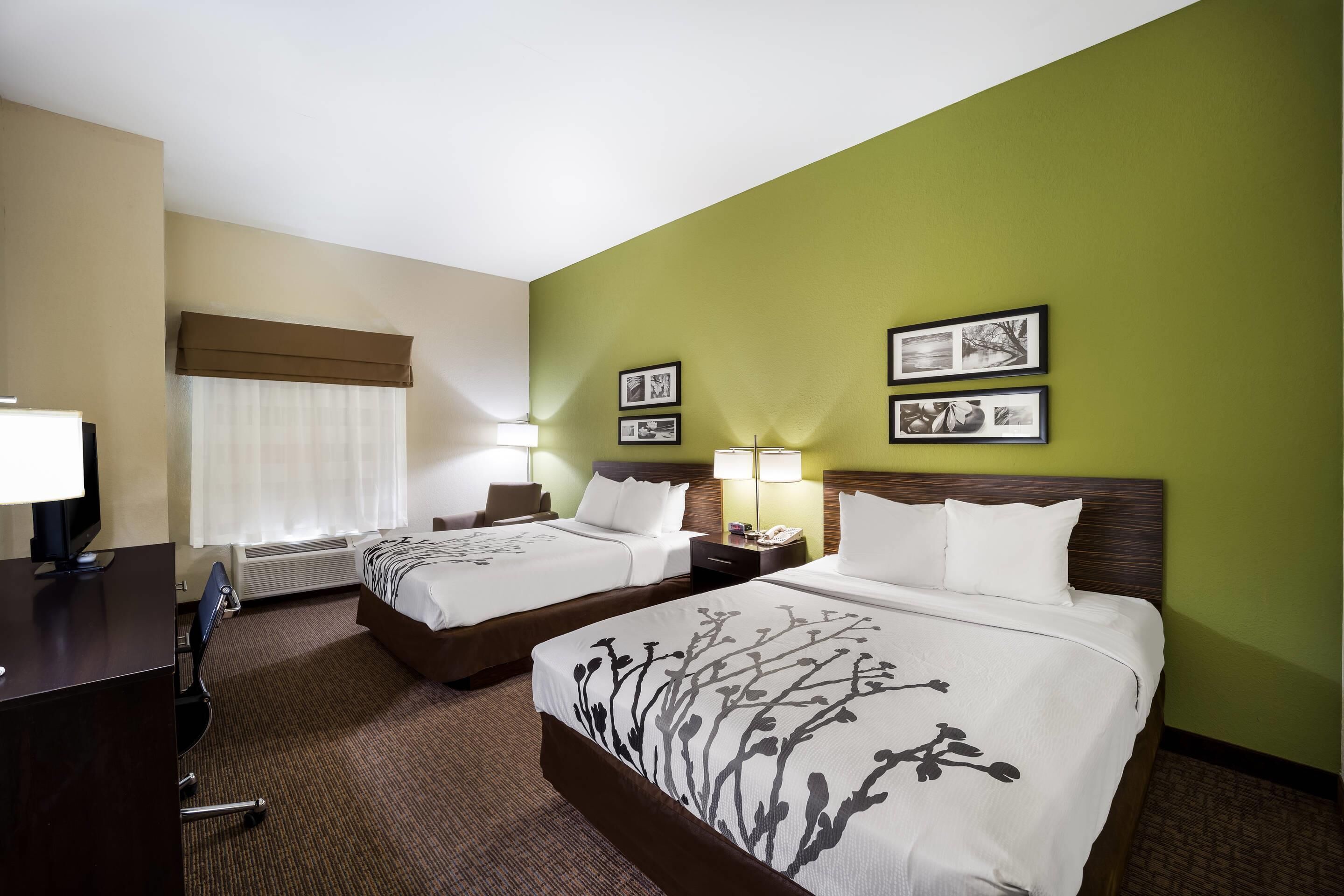 Une chambre d’hôtel avec deux lits, un bureau, une télévision et une fenêtre avec des rideaux.