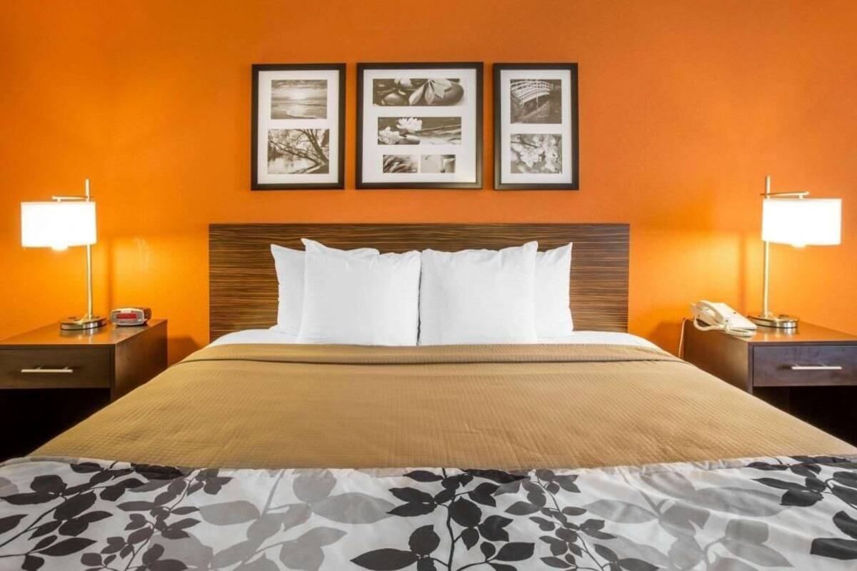 A hotel room with a large bed, two bedside tables, a nightstand, a wall-mounted phone, and framed pictures above the bed.