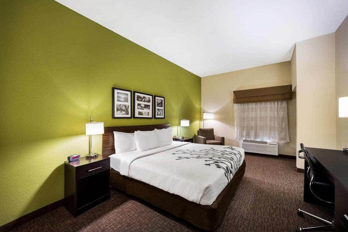 A hotel room with a large bed, a desk, a chair, a nightstand, a lamp, a window with curtains, and framed pictures on the wall.