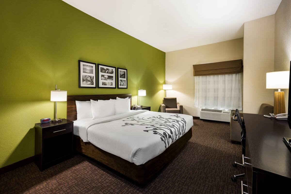 A hotel room with a bed, bedside tables, lamps, a chair, a desk, and a window with curtains.