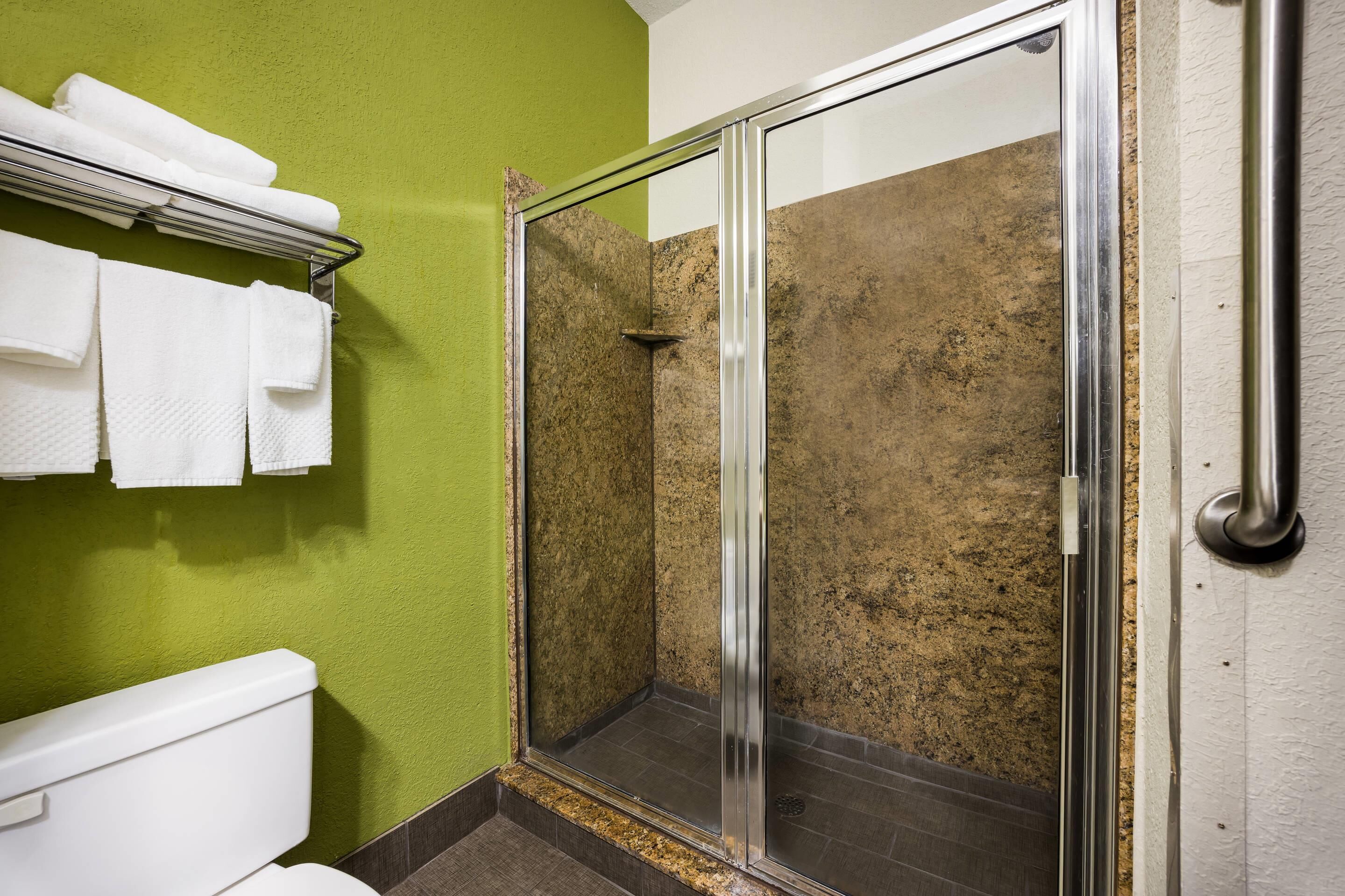 A bathroom with a glass-enclosed shower, a toilet, and a towel rack with folded towels.