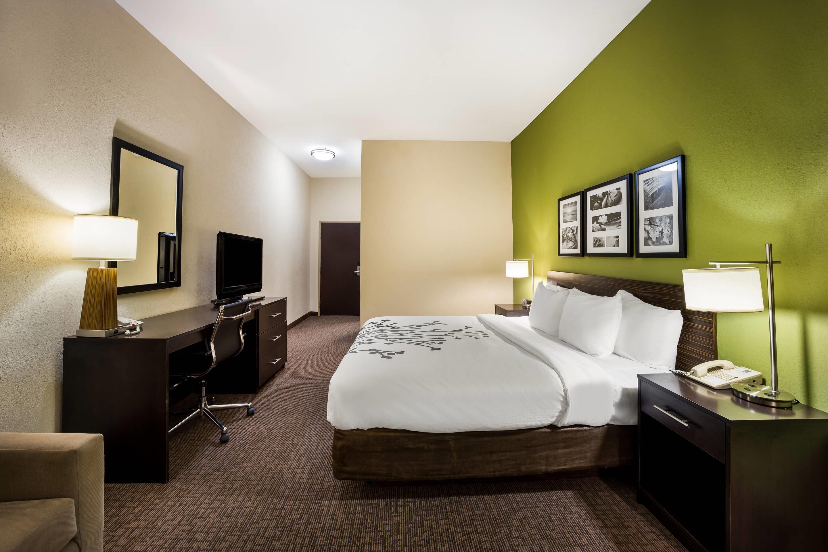 A hotel room with a bed, bedside tables, a desk, a chair, a television, and framed pictures on the wall.