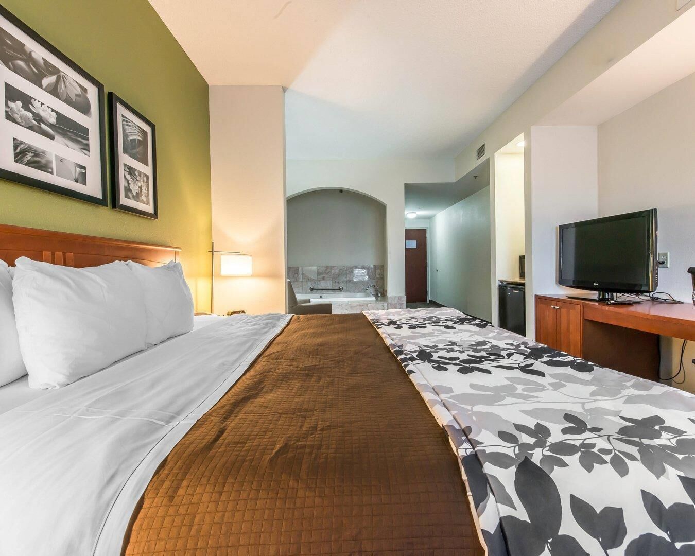 Habitación de hotel con cama, escritorio y televisión, y baño a la vista.