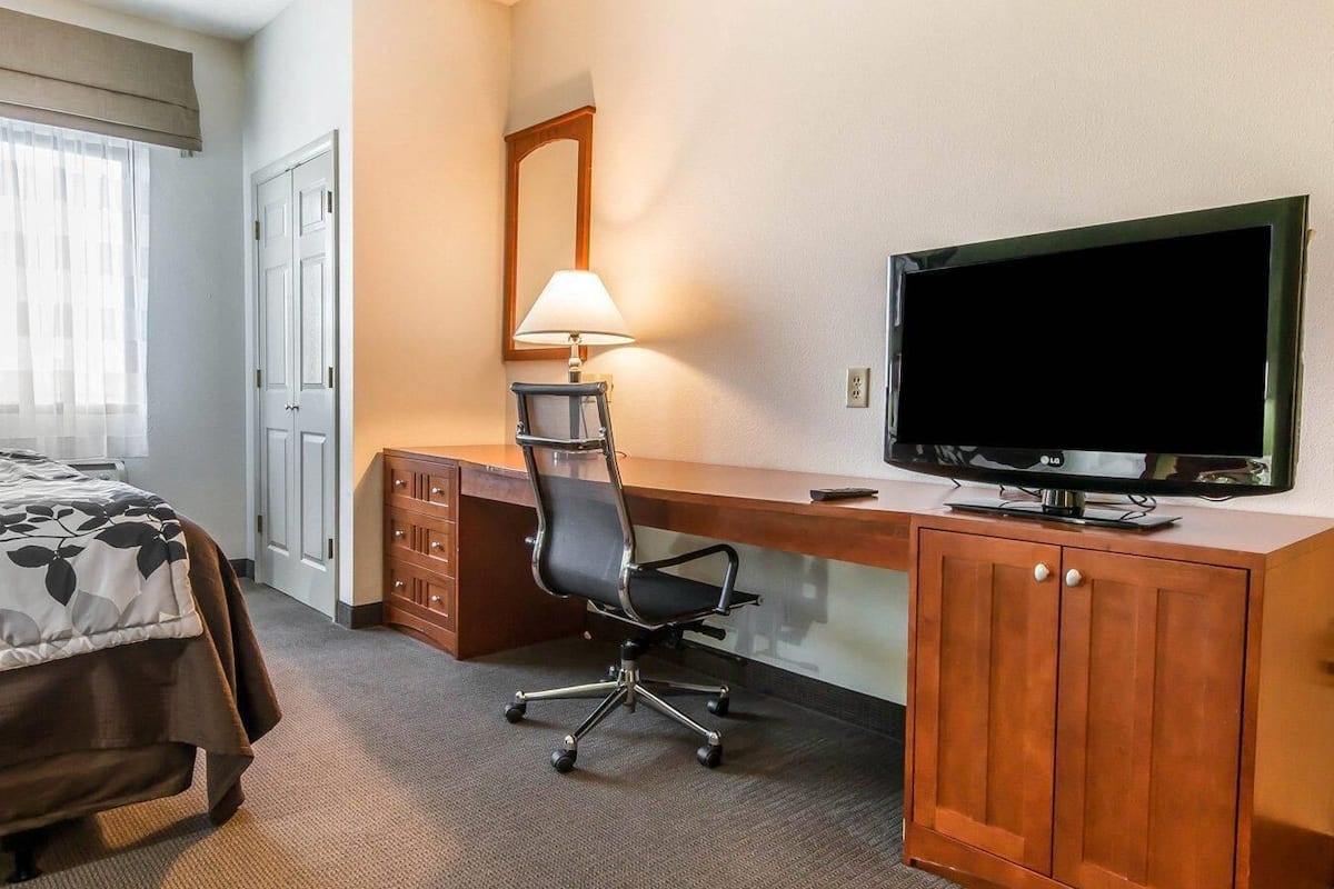 A hotel room with a bed, a desk with a chair, a television, and a lamp.