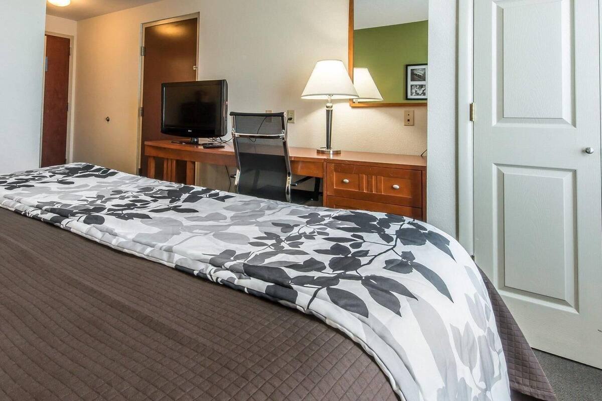 A hotel room with a bed, a desk with a computer and TV, a chair, and a lamp.