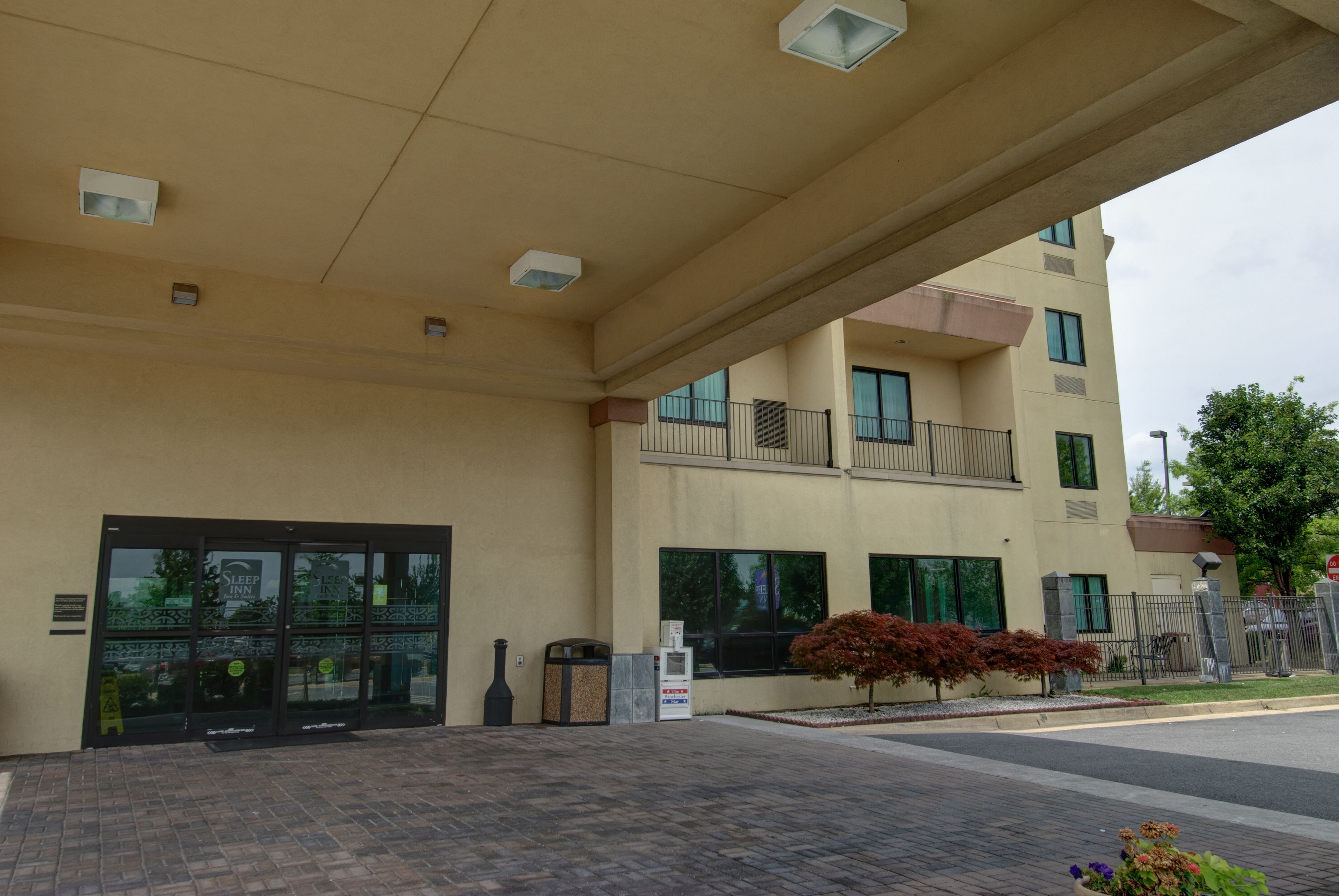 A hotel entrance with a glass door, a trash bin, and a small planter with flowers.