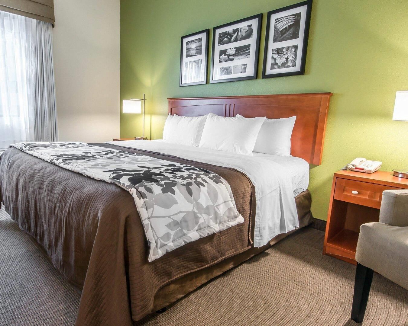 A hotel room with a large bed, a wooden headboard, a nightstand with a phone, and a chair.