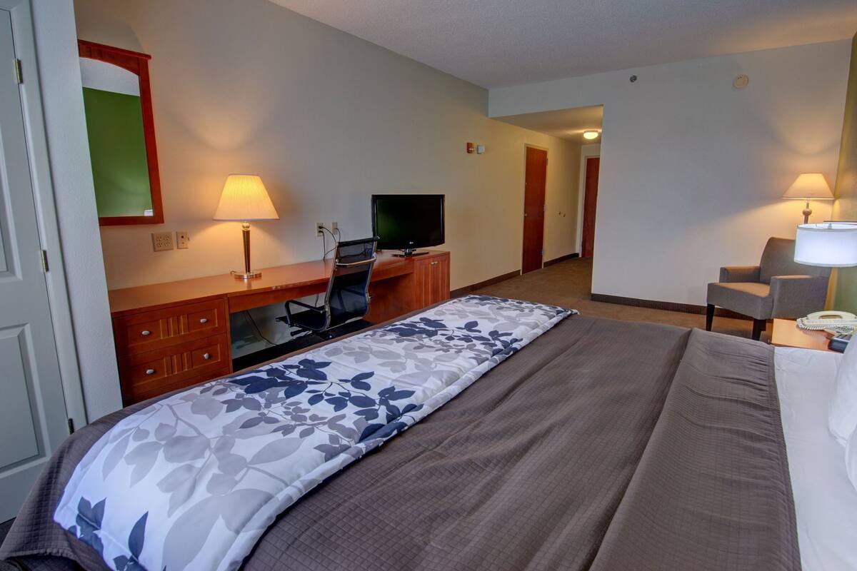 A hotel room with a bed, desk, chair, television, and lamps.