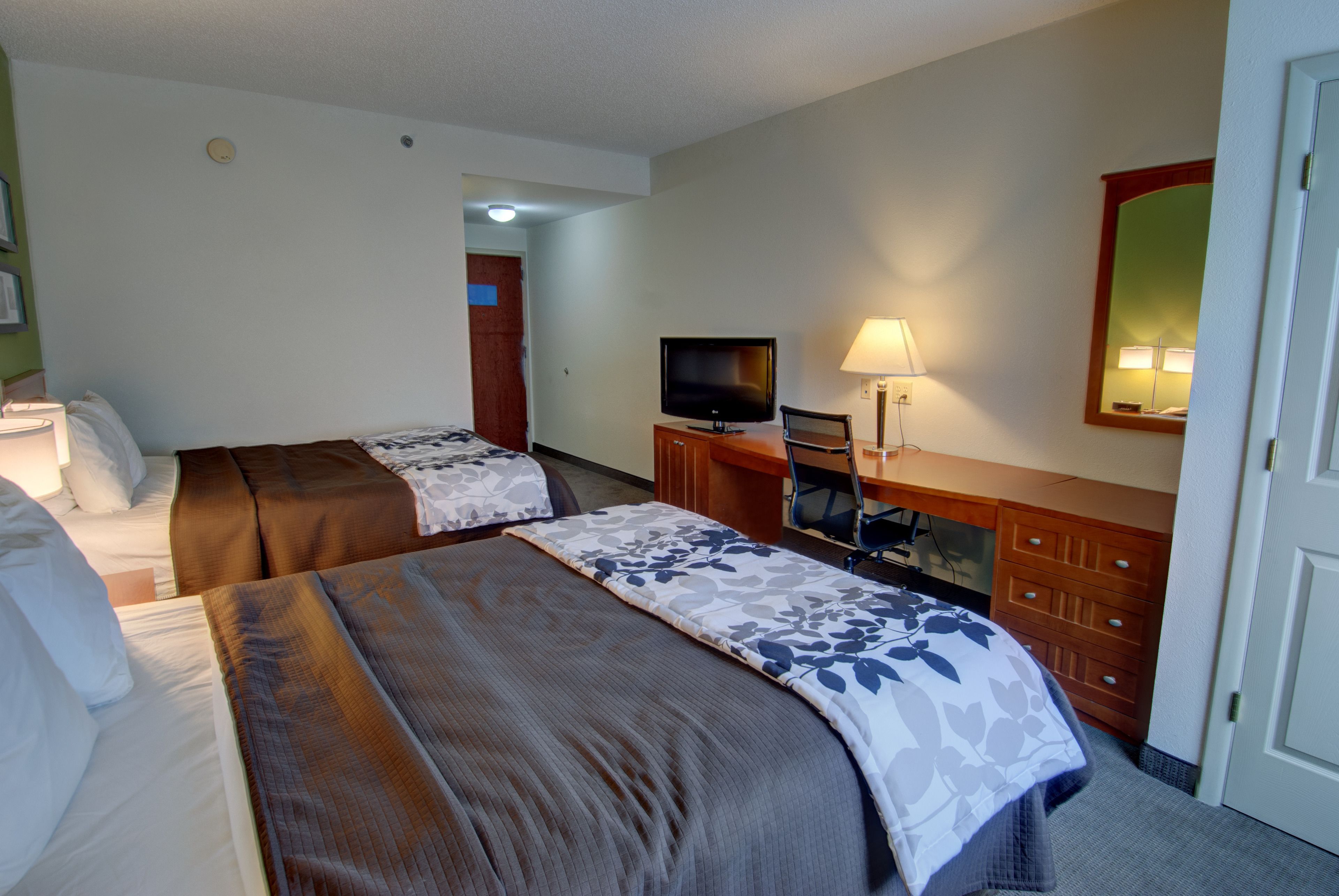 A hotel room with two beds, a television, a desk with a lamp, and a dresser.