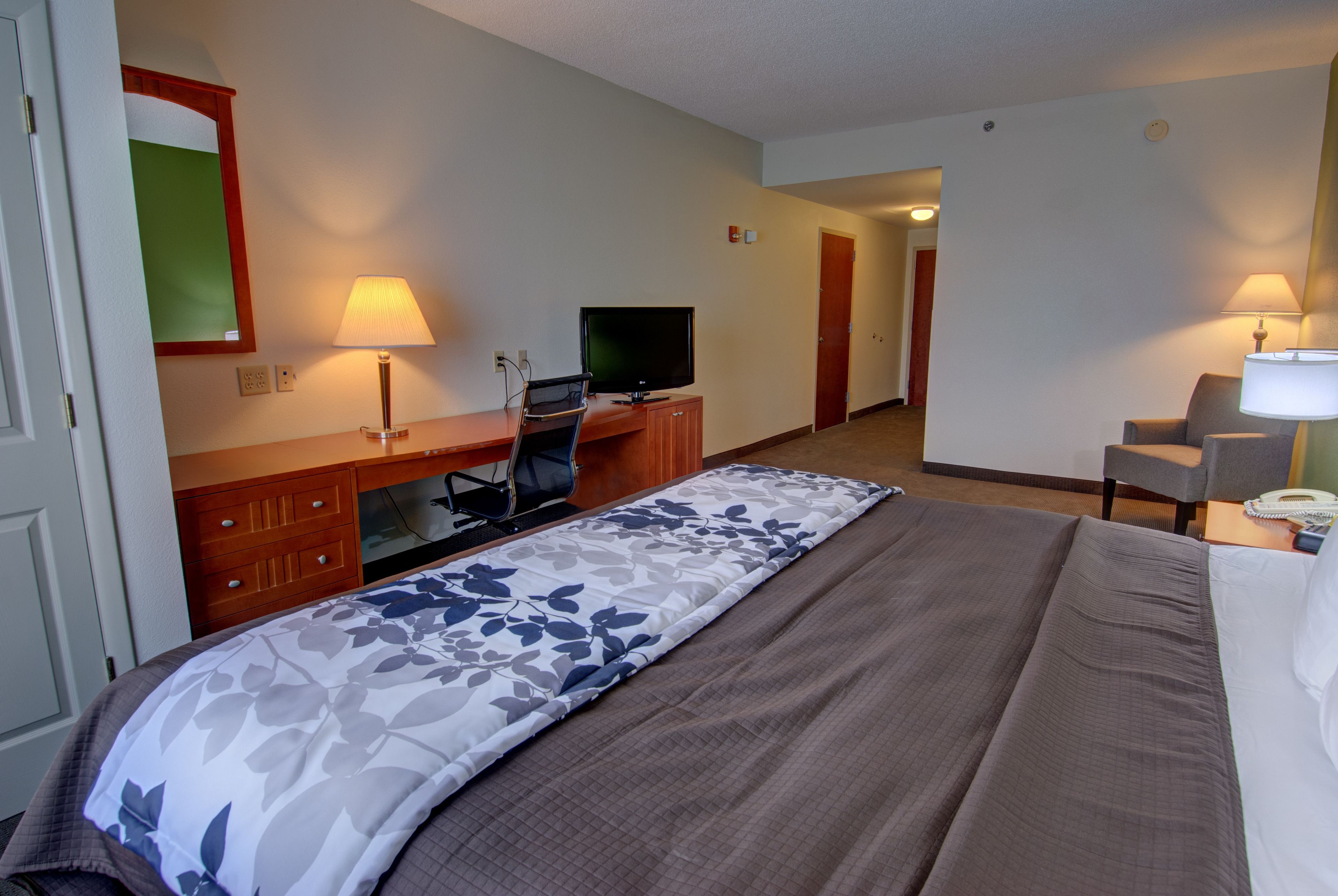Una habitación de hotel con una cama grande, un escritorio con televisor, una silla y una lámpara.
