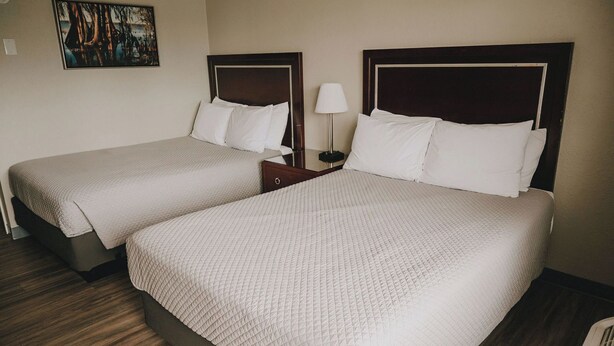Two twin beds with wooden headboards, a bedside table with a lamp, and a painting on the wall. - Queen City Inn (Bangor)