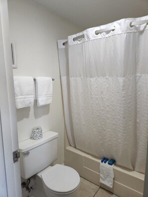 Combined shower/bathtub, free toiletries, hair dryer, towels