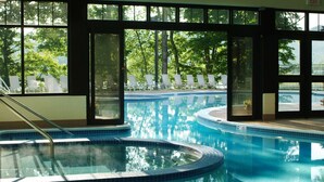 Une piscine au design incurvé, entourée de grandes fenêtres et baignée de lumière naturelle.
