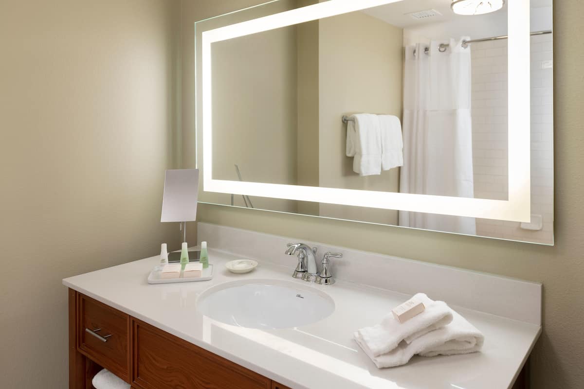 combined shower/bathtub, free toiletries, hair dryer, towels