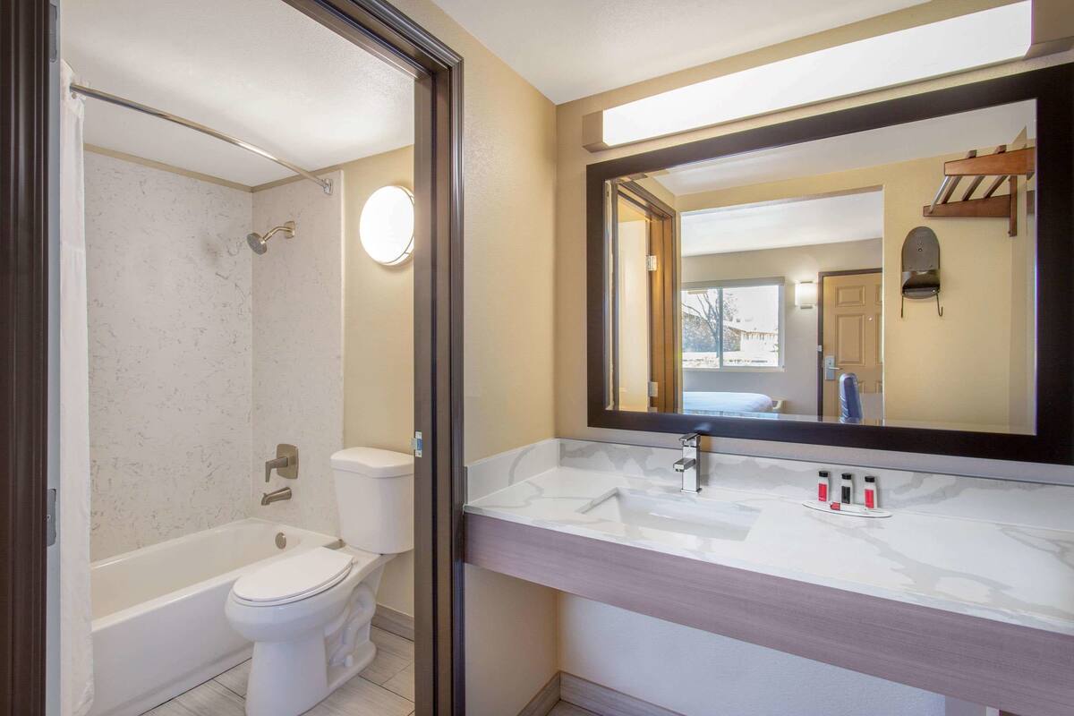 Une salle de bain avec une baignoire, des toilettes et un grand miroir au-dessus d’un lavabo, ainsi que des articles de toilette.