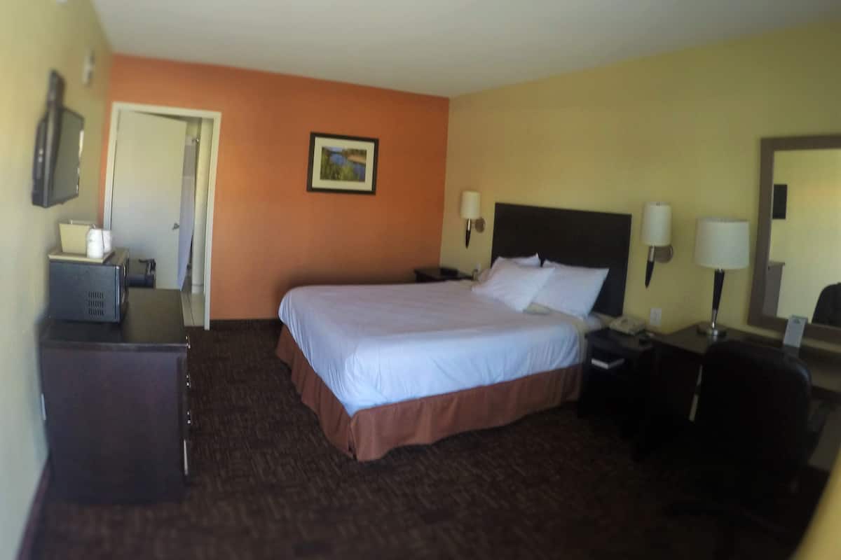 A hotel room with a bed, a desk, a chair, a television, and a painting on the wall.