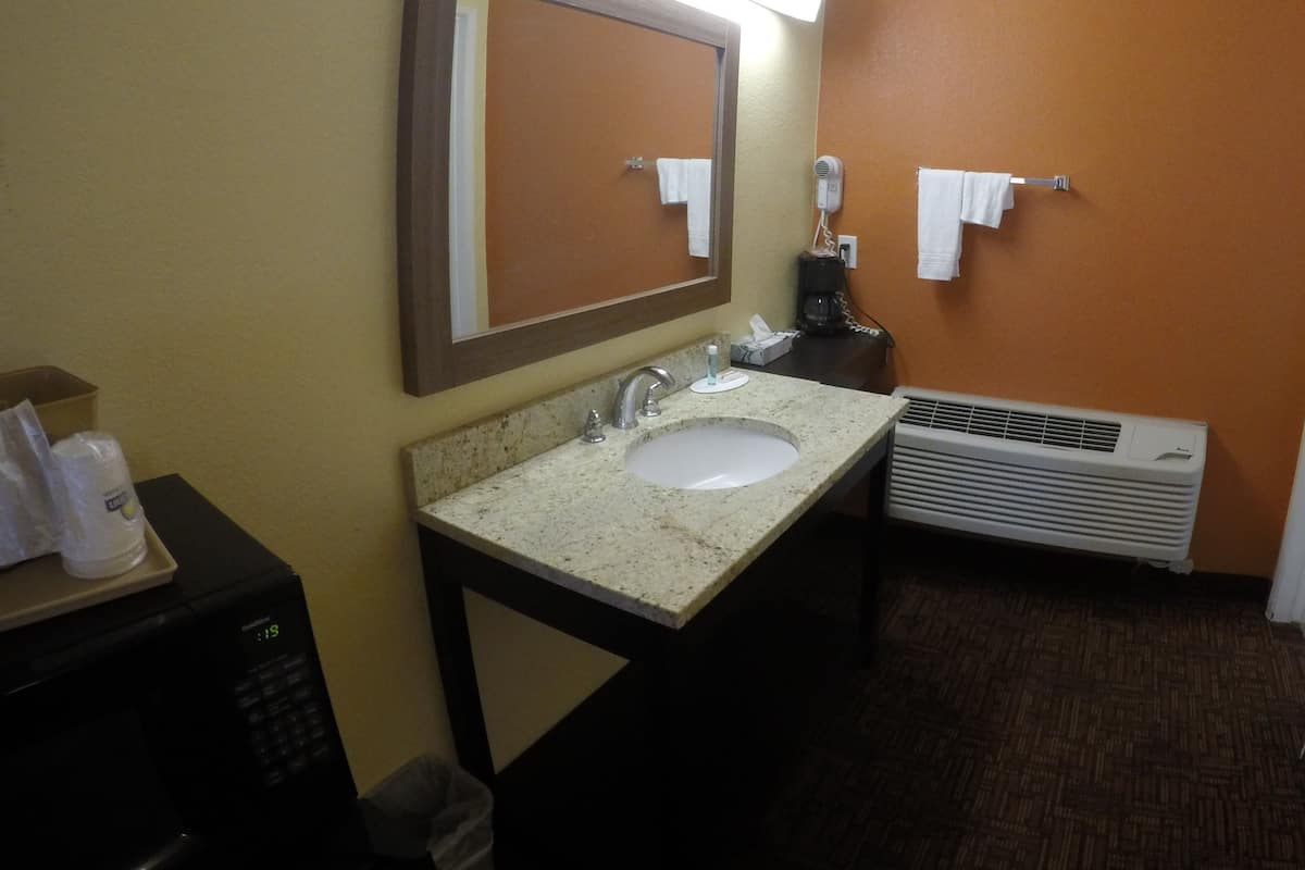 A bathroom with a sink, mirror, towel rack, hair dryer, and a coffee maker.