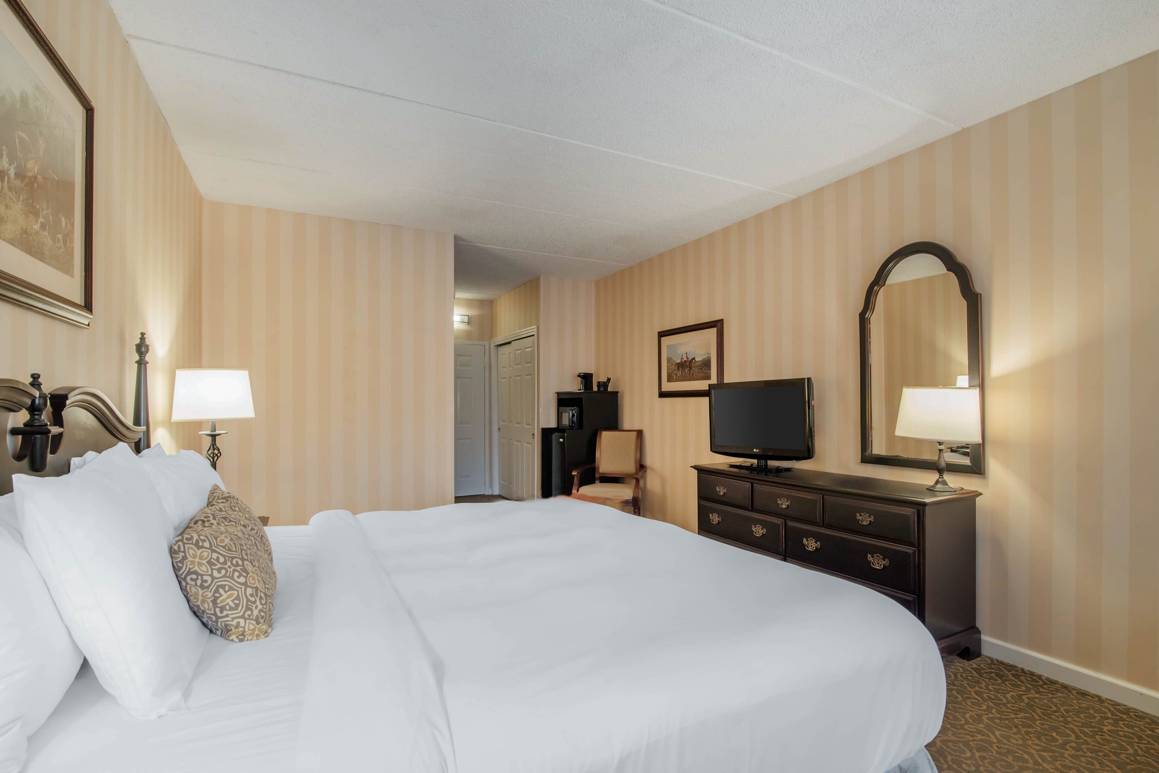 Une chambre d’hôtel avec un grand lit, une commode, une télévision et un miroir.