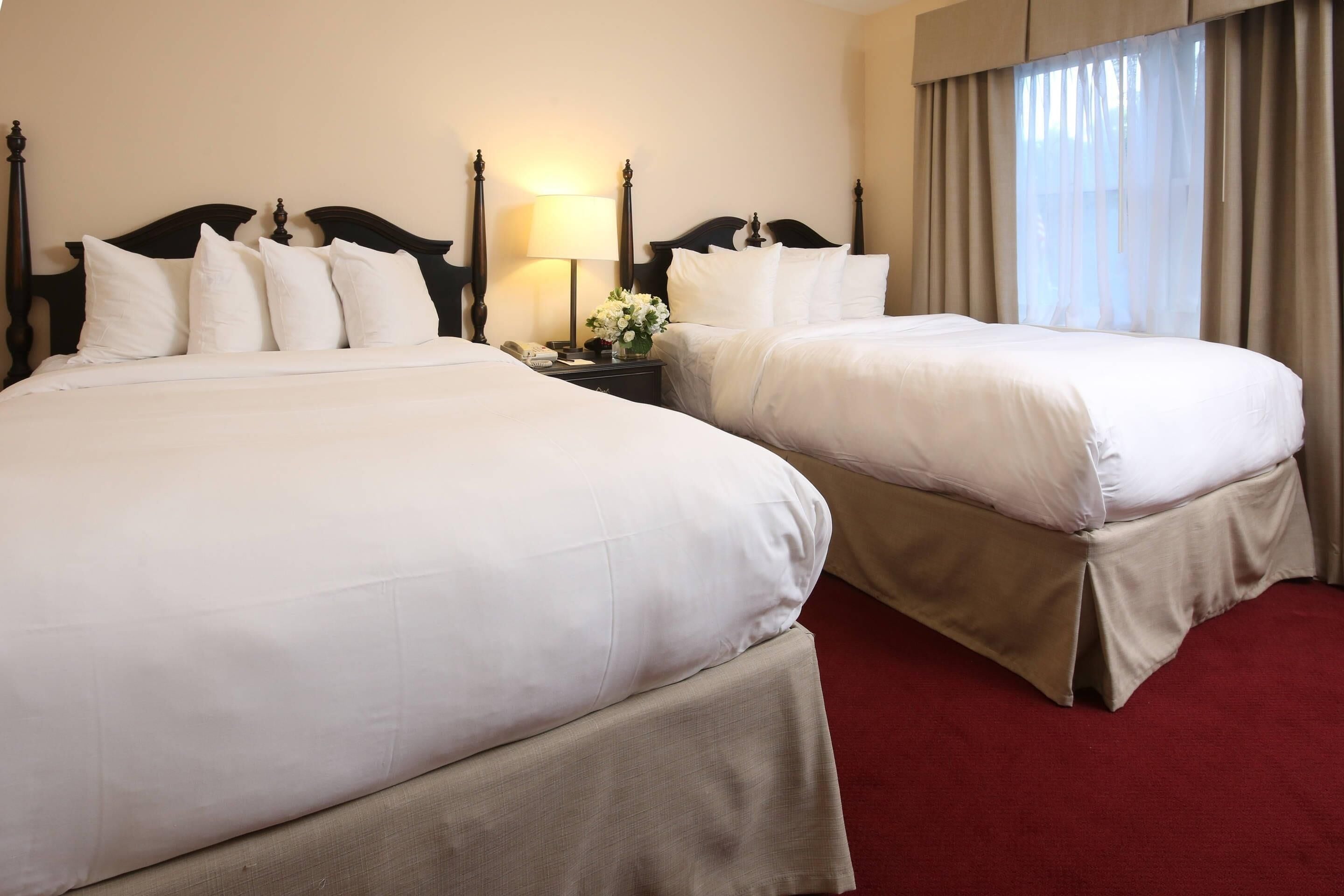 Habitación de hotel con dos camas grandes, una mesita de noche con lámpara y una ventana con cortinas.