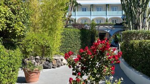 A pathway lined with lush greenery and red flowers leading to a building with a light blue facade and arched windows. - Hermitage Resort & Thermal Spa (Ischia)