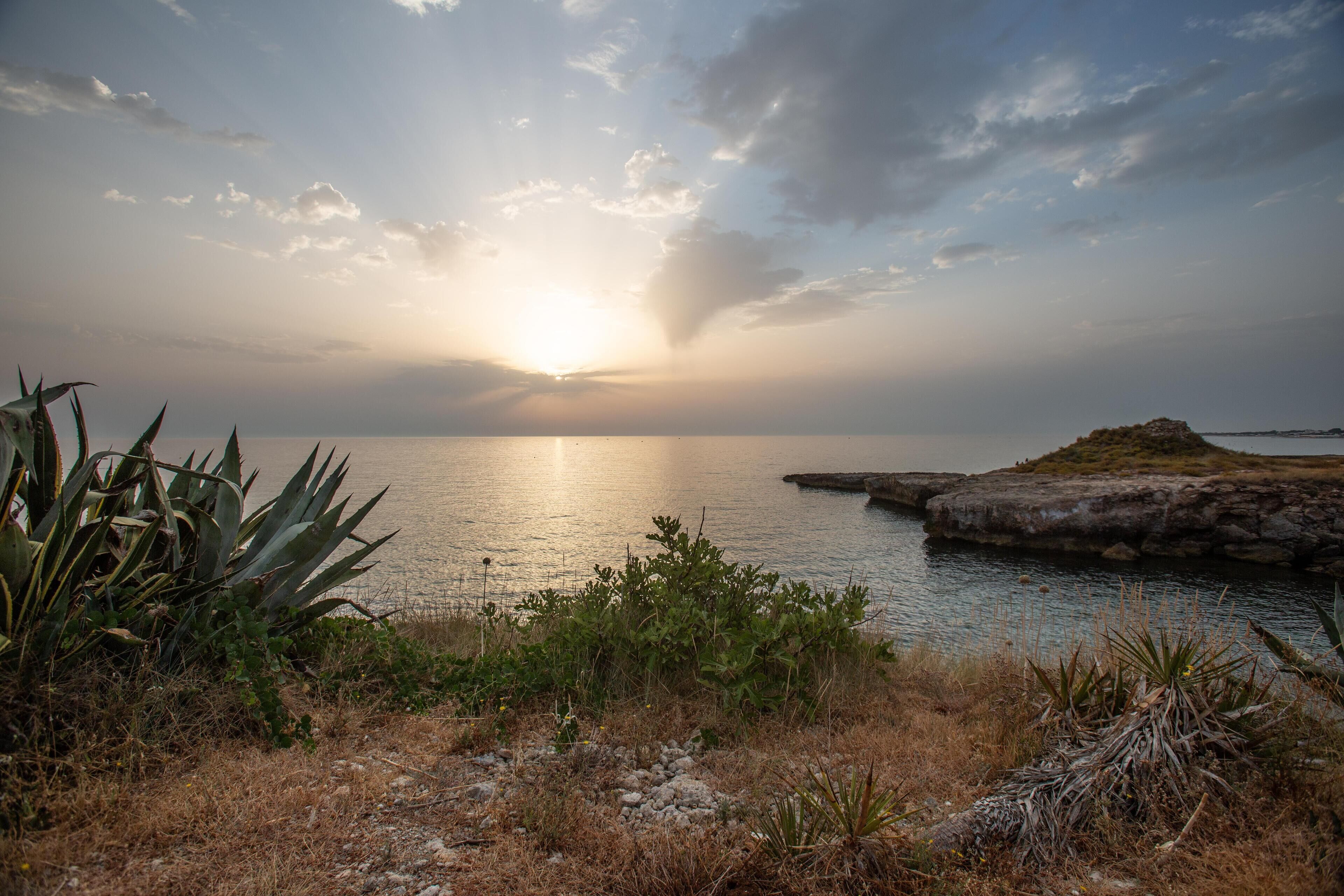 A coastal landscape with a sunset over the water, rocky outcrops, and sparse vegetation.