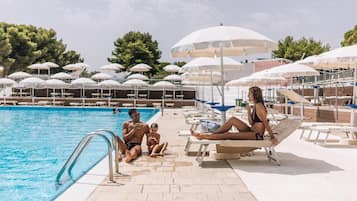 Seasonal outdoor pool, pool umbrellas, pool loungers