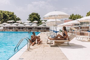 Seasonal outdoor pool, pool umbrellas, pool loungers