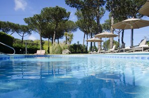 Outdoor pool, pool umbrellas, pool loungers