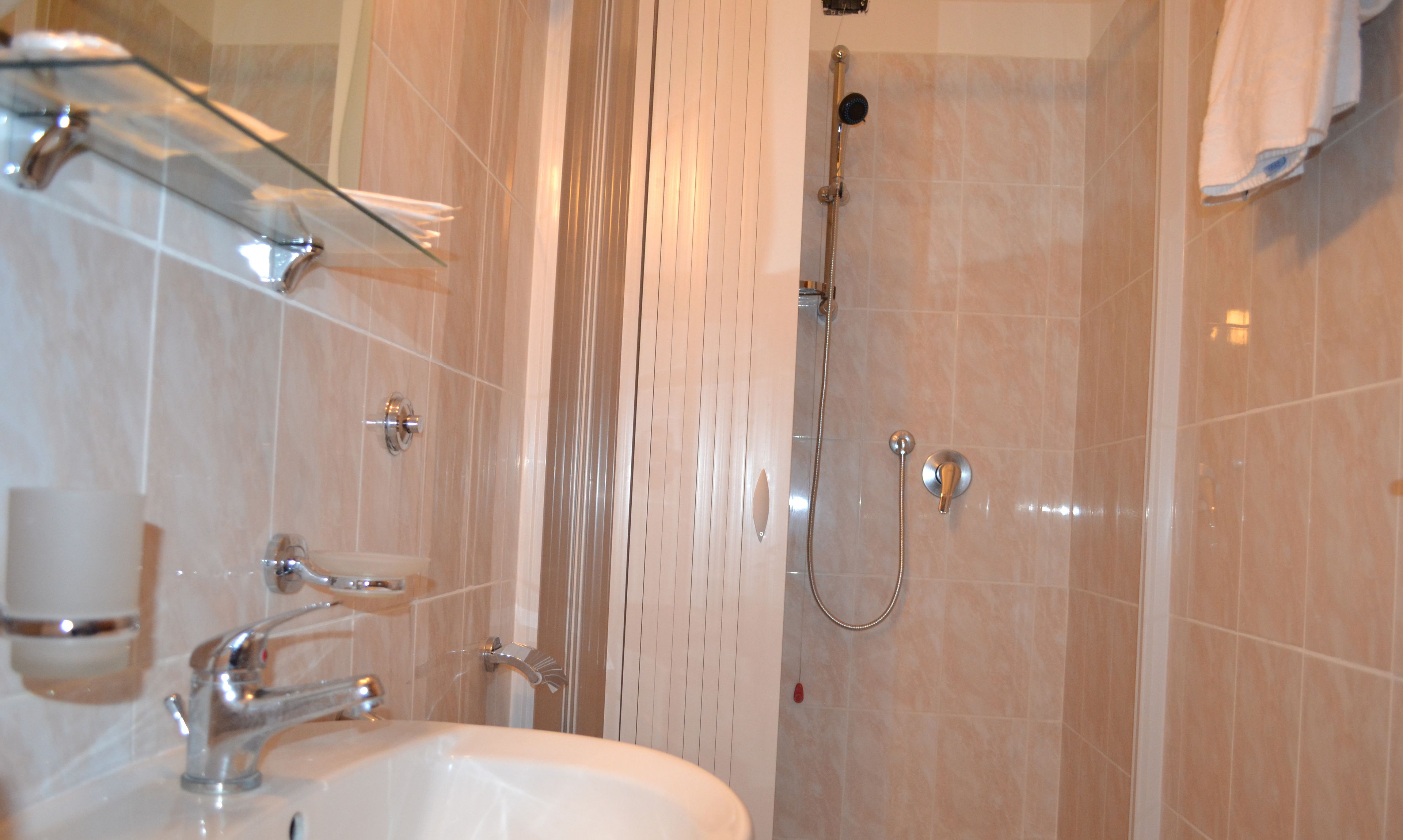 family room | bathroom | shower, rainfall showerhead, free toiletries, hair dryer