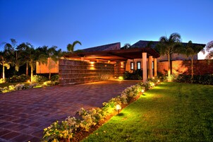 A well-lit driveway leading to a covered entrance with a brick wall and palm trees in the background.