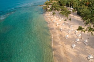 An aerial view of a beach with clear turquoise waters, white umbrellas, and palm trees.