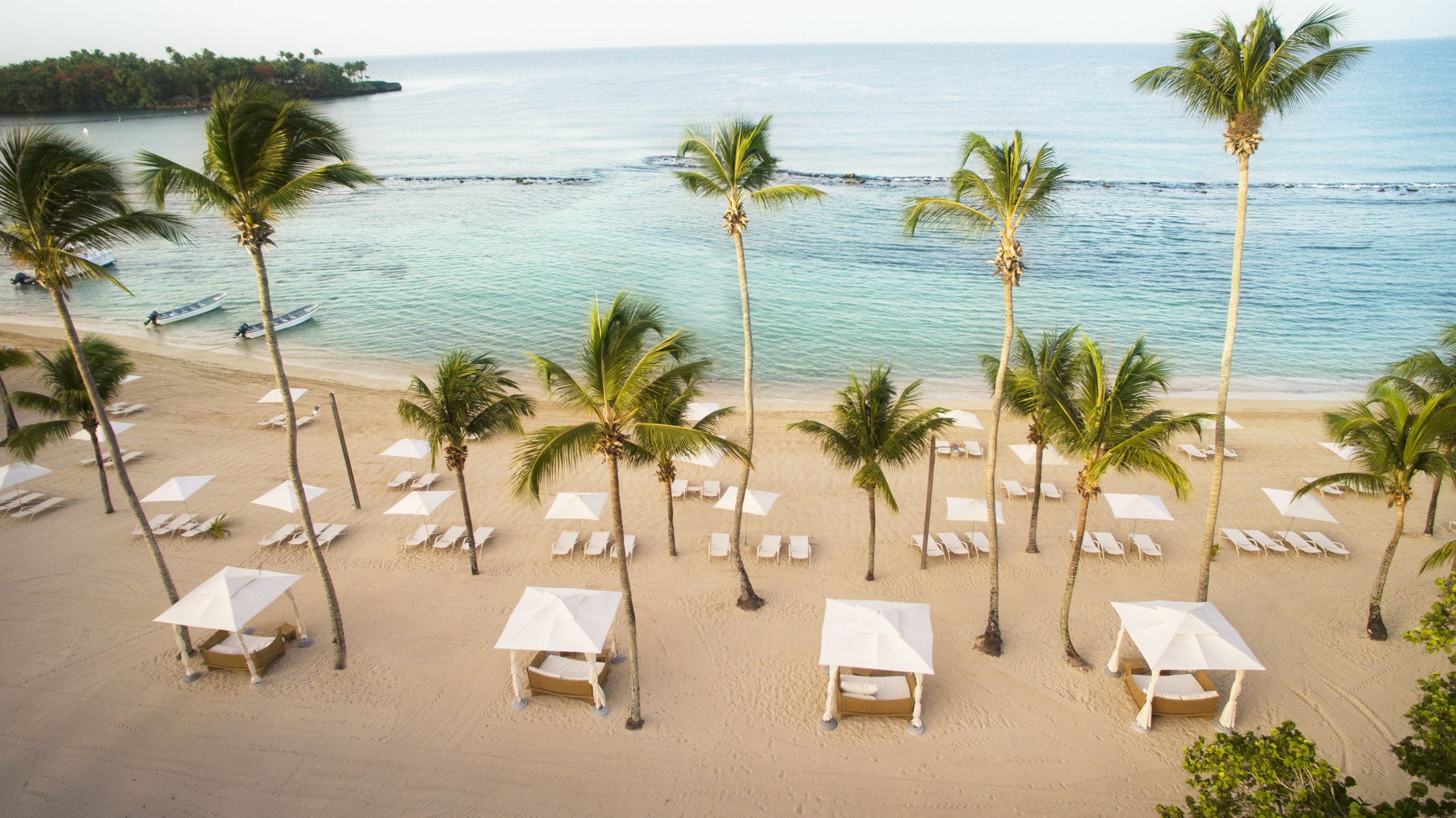 An aerial view of a beach with rows of palm trees and white beach chairs under umbrellas, a boat docked near the shore, and calm ocean waters.