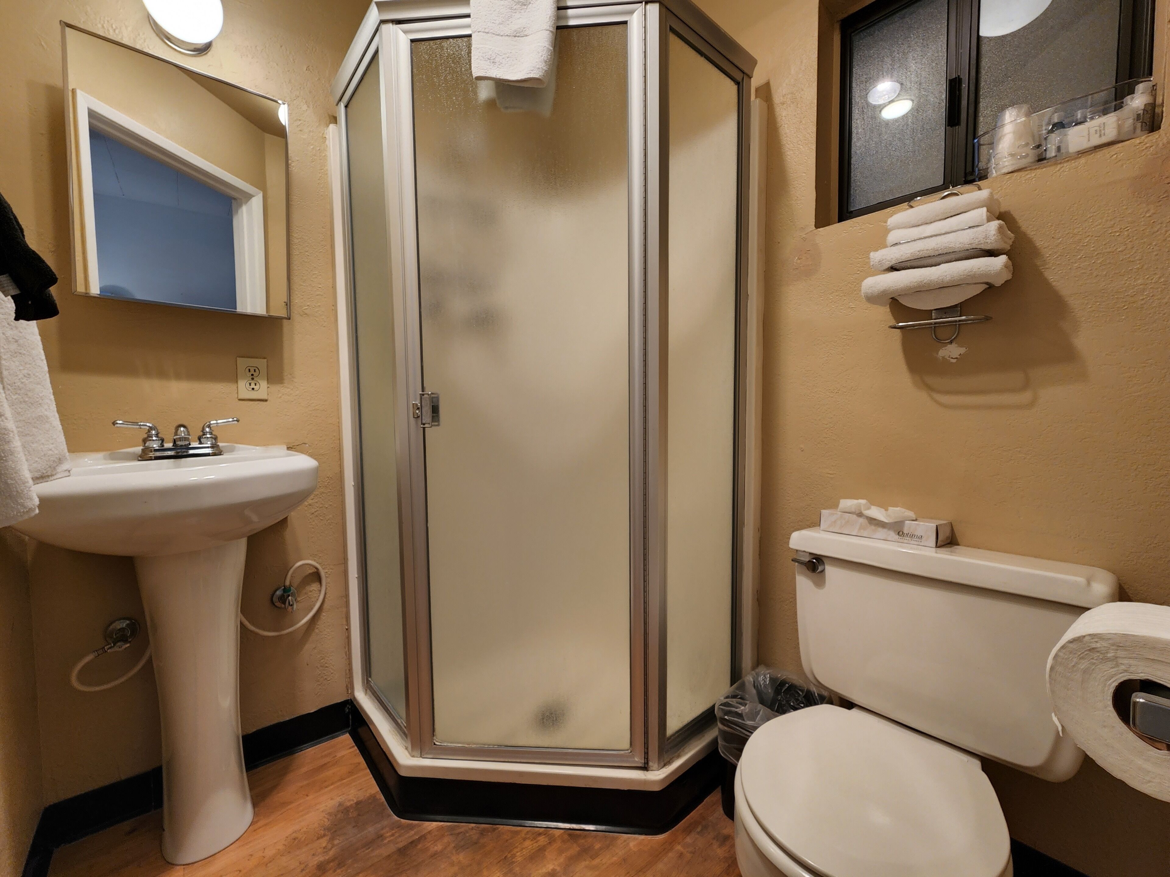 A bathroom with a glass-enclosed shower, a sink, and a toilet.