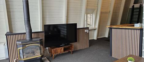 A cozy living room with a wood-burning stove, a flat-screen TV, and a small wooden table with a plant.