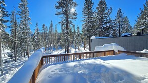 A snow-covered deck with a wooden railing, surrounded by tall evergreen trees and a clear blue sky. - Cinnamon Bear Inn (Mammoth Lakes)