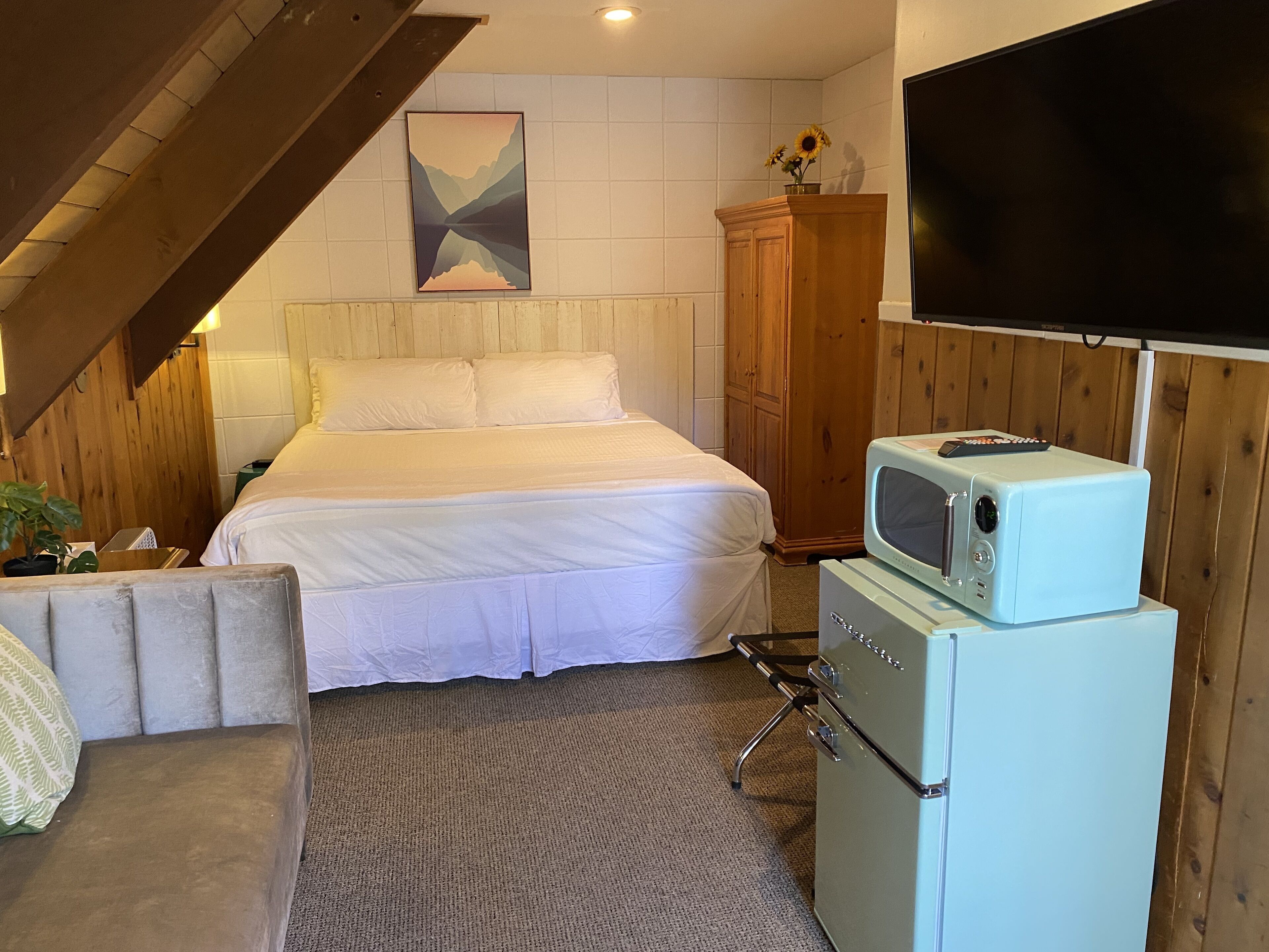A bedroom with a bed, a wooden cabinet, a television, and a vintage microwave.