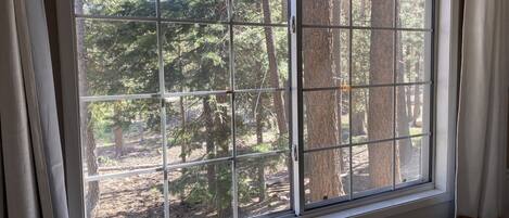 A room with a large window offering a view of a forested area.