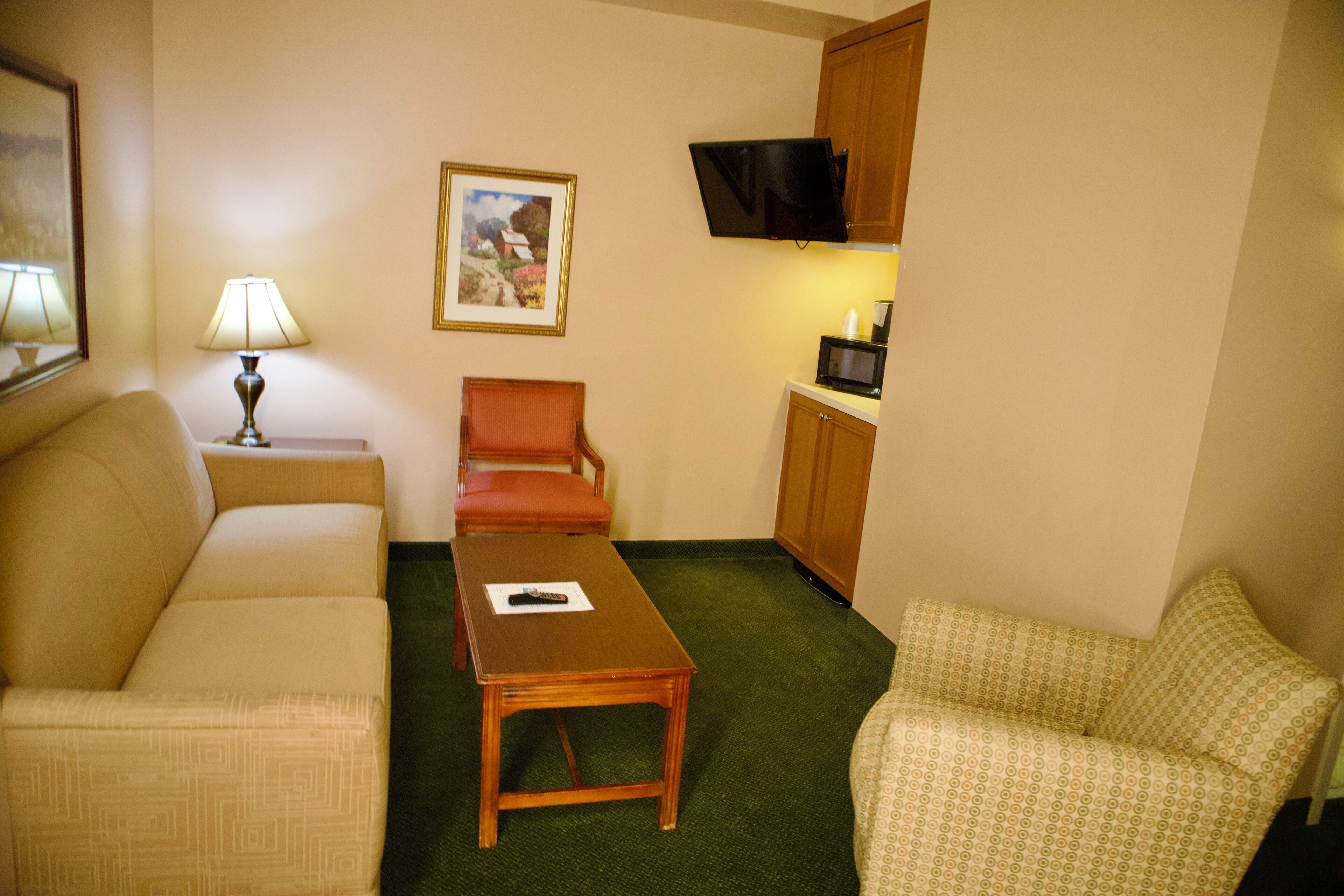 Habitación de hotel compacta con sofá, una mesita, una silla, un televisor montado en la pared y un microondas.