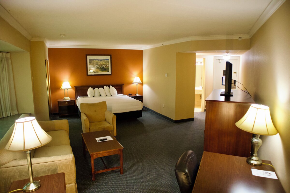 Una habitación de hotel con cama, dos mesitas de noche con lámparas, sofá, escritorio y televisor sobre un soporte.
