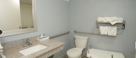 Un baño con lavamanos de granito, inodoro blanco y barra de apoyo.