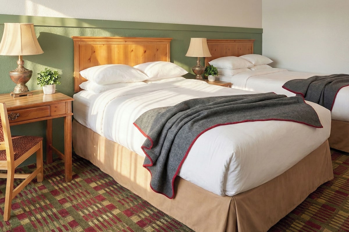 A hotel room with two beds, wooden headboards, bedside tables with lamps, a small plant, and a patterned rug.