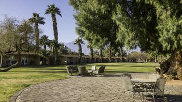 A patio area with stone flooring and metal furniture, surrounded by palm trees and a lawn.