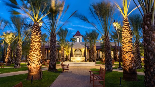 A well-lit courtyard with palm trees, a fountain, and a building with a tower.