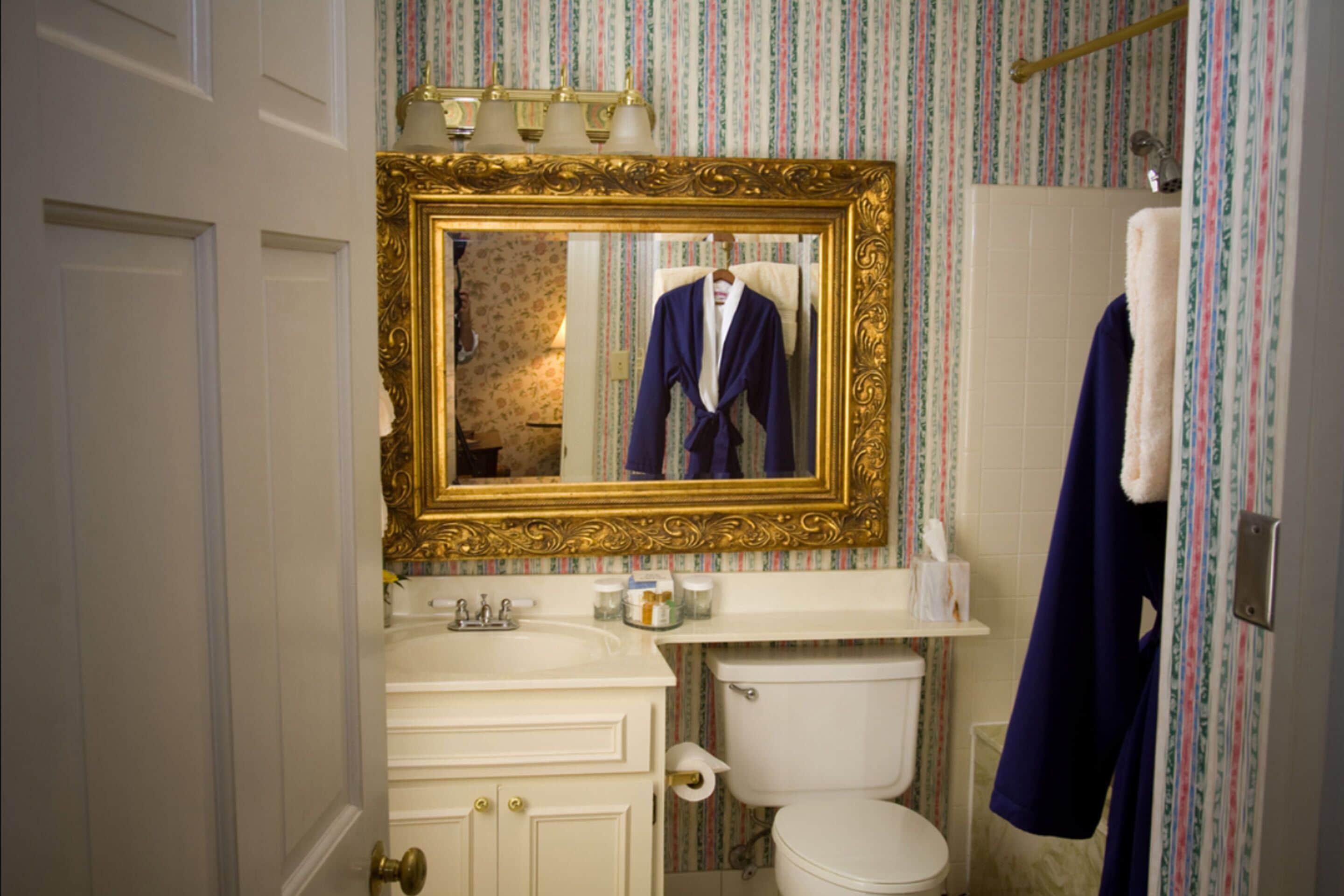 Ein Badezimmer mit weißem Waschbecken, Toilette und einem Spiegel mit goldener Rahmung.