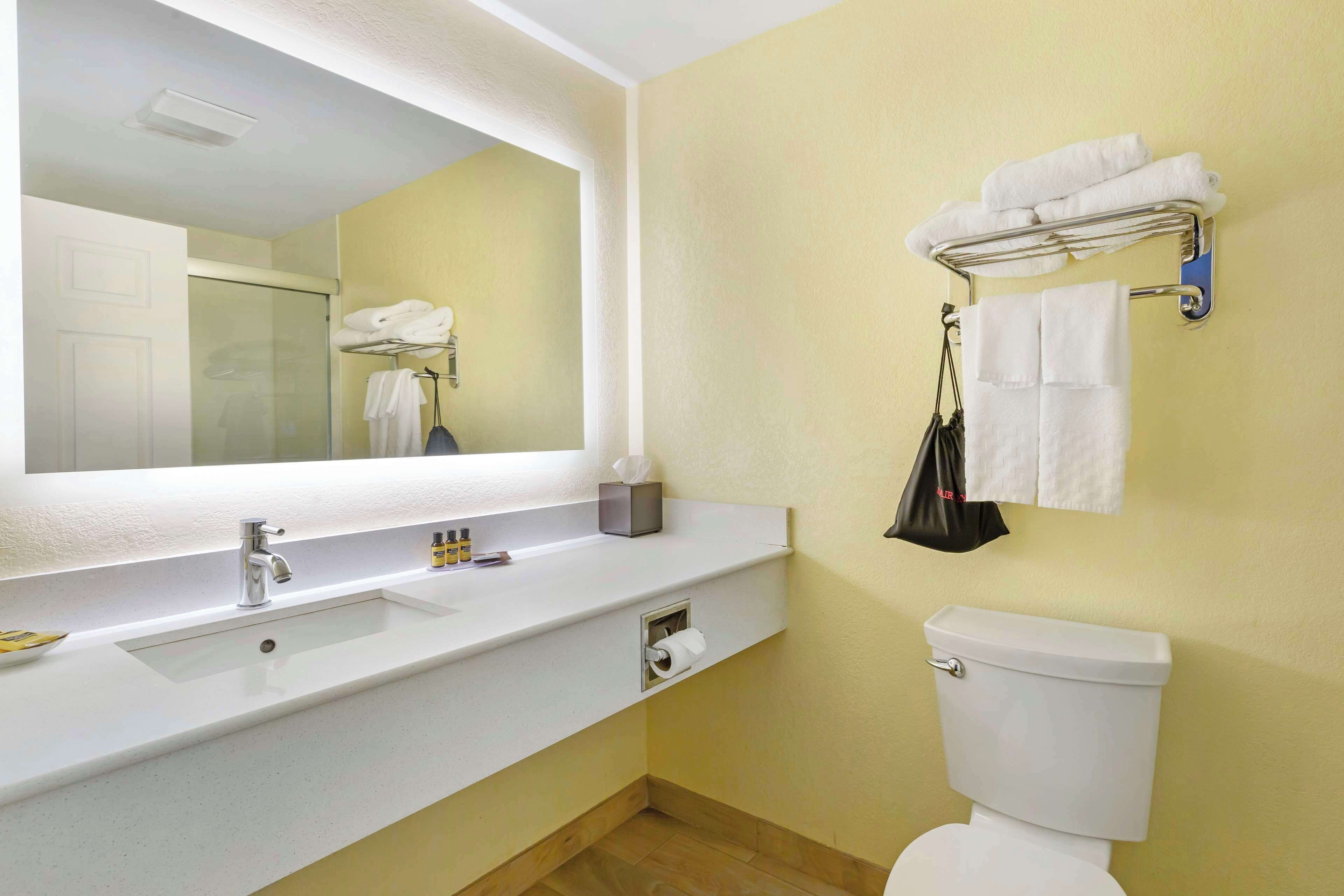 A bathroom with a white sink, a mirror, a toilet, and a towel rack with towels.