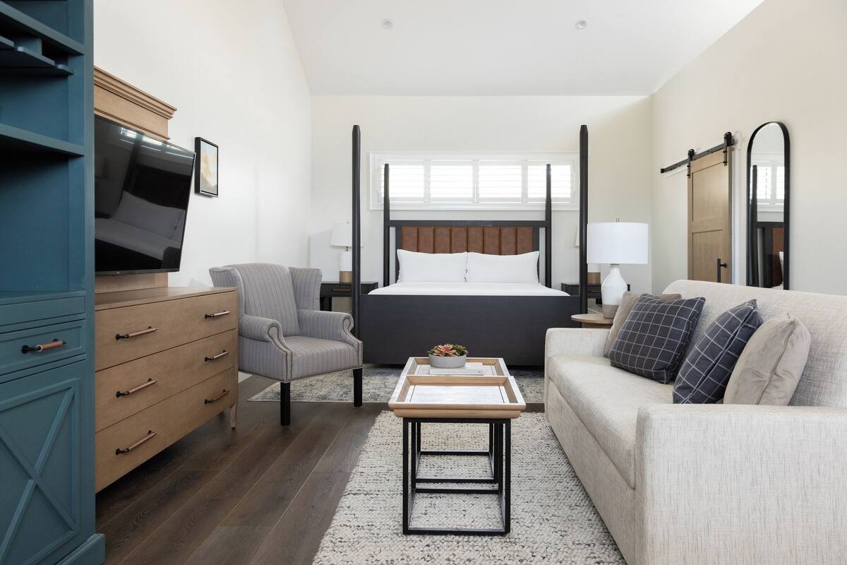 Ein modernes Schlafzimmer mit einem großen Bett, einer Couch, einem Fernseher und einer Kommode.