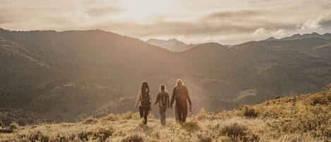 A group of people walking on a grassy hillside with a mountainous landscape in the background.