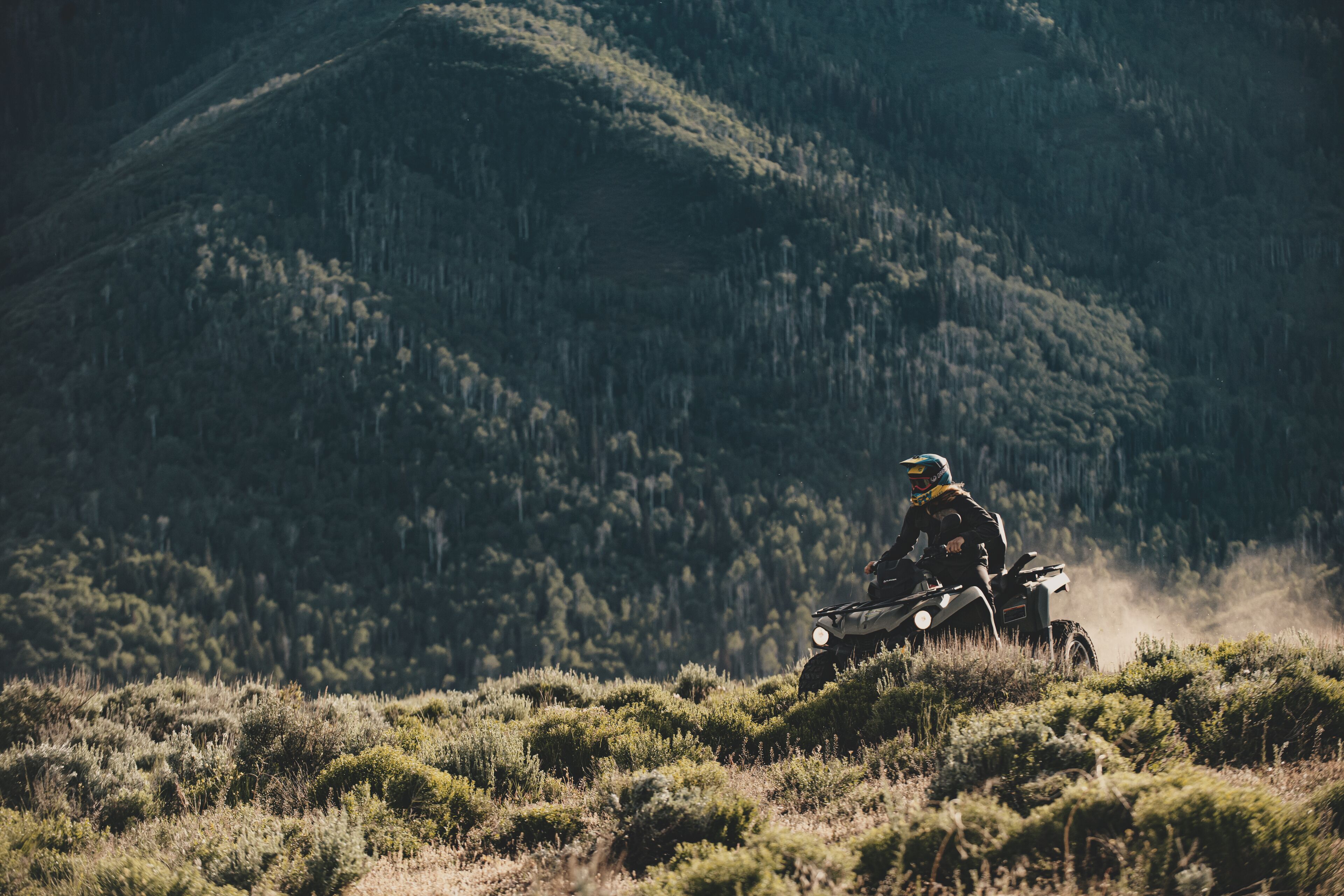 A person riding an ATV on a grassy field with a forested mountain in the background.