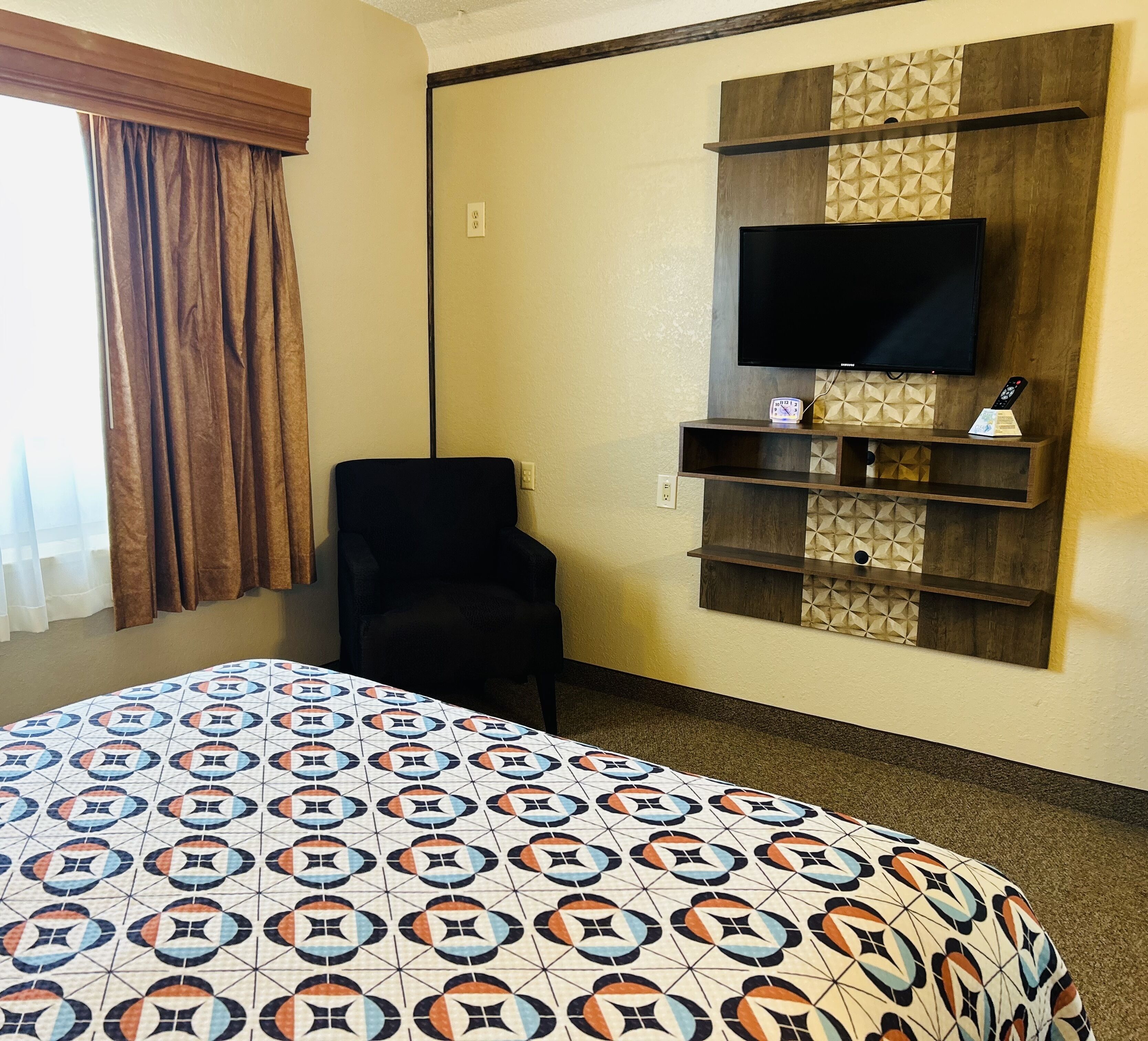 1 bedroom, desk, blackout curtains, iron/ironing board